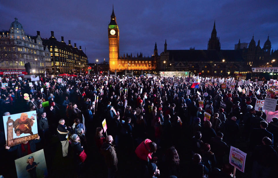 <p>Demonstrators attend a rally in the Westminster are of London protesting Donald Trump on the day that the state visit by the U.S. president is debated in Parliament. (Photo by Dominic Lipinski/PA Images via Getty Images) </p>