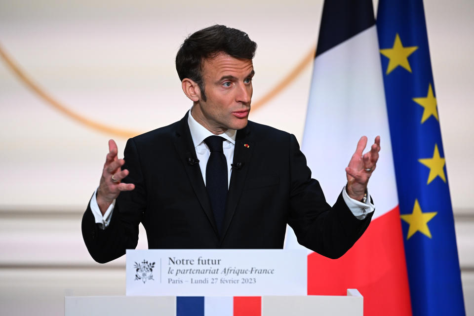 French President Emmanuel Macron delivers a speech ahead of his visit in Central Africa, at the Elysee Palace in Paris, Monday, Feb. 27, 2023. French President Emmanuel Macron unveiled his country's changing economic and military strategy in Africa for the coming years, as France's influence substantially declines on the continent. Macron begins an ambitious Africa trip on Wednesday to Gabon, Angola, the Republic of Congo and Congo.( Stefano Rellandini, Pool via AP)