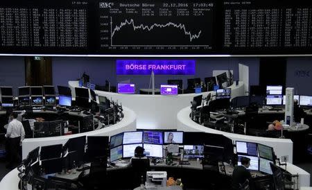 Traders work at their desks in front of the German share price index, DAX board, at the stock exchange in Frankfurt, Germany, December 22, 2016. REUTERS/Staff/Remote/Files