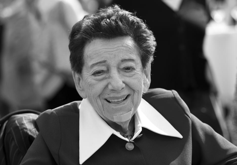 FILE - Inge Deutschkron, contemporary witness and writer, takes part in the groundbreaking ceremony for Otto-Weidt-Platz in Europacity, Berlin, Germany, April 17, 2018. The Holocaust survivor has died at the age of 99. This was confirmed by the Schwarzkopf Foundation Young Europe on Wednesday, citing her personal environment. (Britta Pedersen/dpa via AP, File)