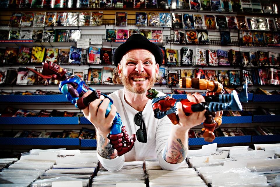 Corey Taylor, front man for Slipknot and Stone Sour, poses for a portrait after shopping at Jay's CD and hobby store in 2017.