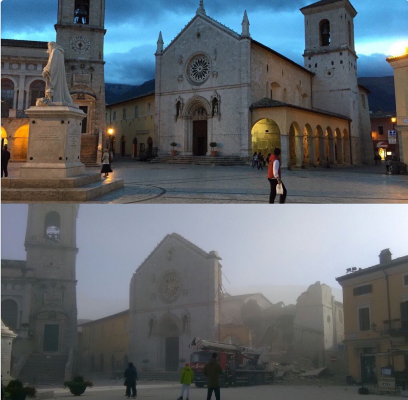 聖本篤大教堂的原貌（上）與災後慘況。（Francesco Zonin@Twitter）