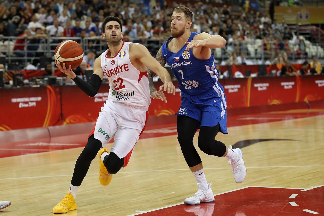 SHANGHAI, CHINA - SEPTEMBER 05:  Furkan Korkmaz #22 of the Turkey in action against Patrik Auda of Czech during the 1st round Group E match between Turkey and Czech of 2019 FIBA World Cup at Shanghai Oriental Sports Center on September 5, 2019 in Shanghai, China.  (Photo by Lintao Zhang/Getty Images)