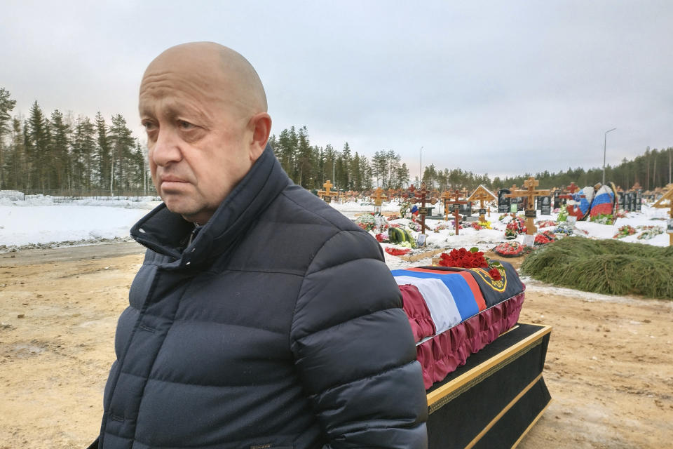 Yevgeny Prigozhin at the funeral of Wagner group fighter Dmitry Menshikov, who died during fighting in Ukraine, at a cemetery is St. Petersburg, Russia, on Dec. 24, 2022. (Aleksey Smagin / Sipa USA via AP file)