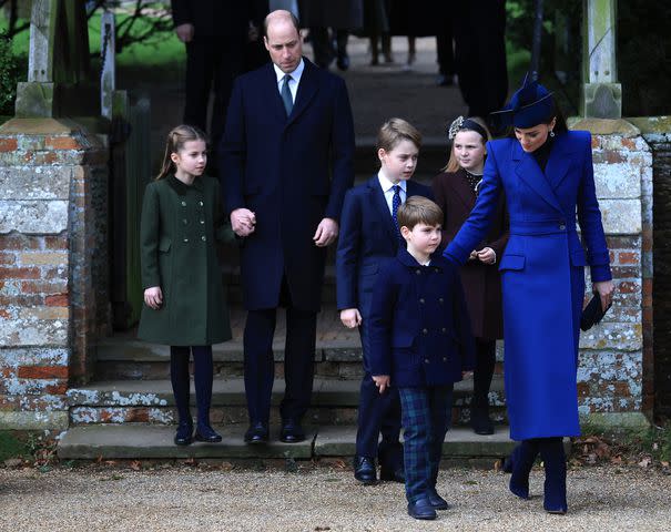 <p>Stephen Pond/Getty </p> Princess Charlotte, Prince William, Prince George, Mia Tindall, Prince Louis and Kate Middleton attend church on Christmas at Sandringham on December 25, 2023.