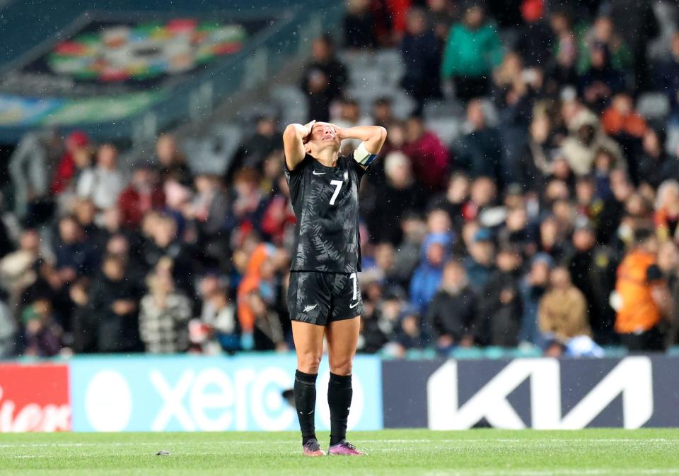 Ali Riley reacts to New Zealand's 1-0 win over Norway in the opening match of the 2023 World Cup.