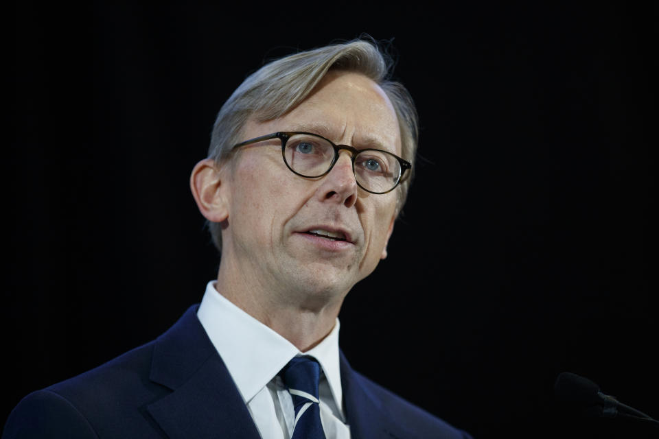 FILE - In this Nov. 29, 2018 file photo, Brian Hook, U.S. special representative for Iran, speaks at the Iranian Materiel Display at Joint Base Anacostia-Bolling in Washington. An expiring United Nations weapons embargo on Iran must remain in place to prevent it from "becoming the arms dealer of choice for rogue regimes and terrorist organizations around the world," Hook told The Associated Press on Sunday, June 28, 2020. (AP Photo/Carolyn Kaster, File)