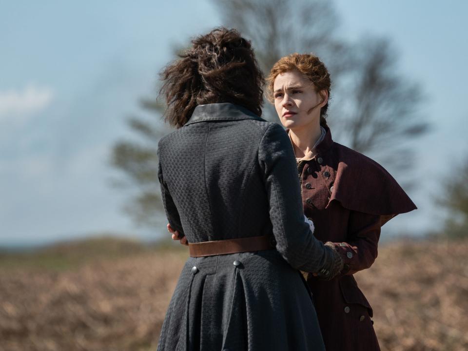 Caitríona Balfe as Claire Fraser and Sophie Skelton as Brianna MacKenzie in "Outlander" season seven, episode two.