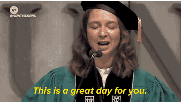 Maya Rudolph saying, "This is a great day for you except for those of you leaving college with any student loan debt"