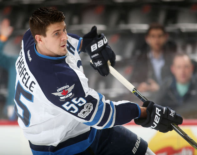 NEWARK, NJ – MARCH 28: Mark Scheifele #55 of the Winnipeg Jets skates during warm ups prior to the game against the New Jersey Devils on March 28, 2017 at the Prudential Center in Newark, New Jersey. (Photo by Christopher Pasatieri/Getty Images)