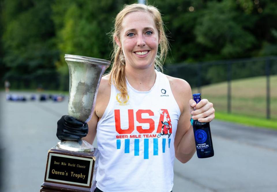 Elizabeth Laseter can also run really fast without drinking: In May, she ran under 17 minutes at a 5K in California, and next month, she’s aiming to try to run a 2-hour and 45-minute marathon in Indianapolis. Joshua Komer/CharlotteFive