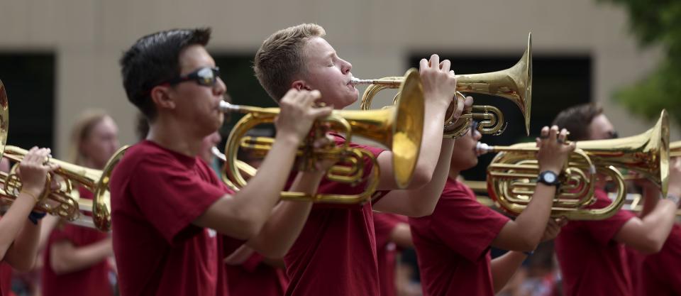 The Viewmont High School marching band participates in the Days of ‘47 Parade in Salt Lake City on Monday, July 24, 2023. | Laura Seitz, Deseret News