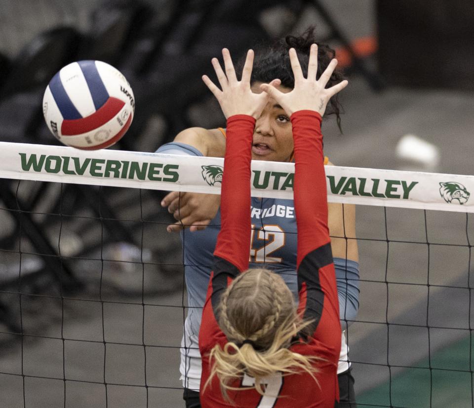 Skyridge and Mountain Ridge compete in the 6A volleyball state tournament quarterfinals at Utah Valley University in Orem on Thursday, Nov. 2, 2023. | Laura Seitz, Deseret News