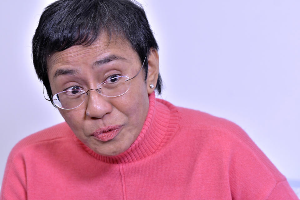 Investigative journalist Maria Ressa, of the Philippines, speaks with a reporter from The Associated Press, during an interview at the Kennedy School of Government, on the campus of Harvard University, Tuesday, Nov. 16, 2021, in Cambridge, Mass. Ressa, co-winner of the 2021 Nobel Peace Prize, spoke on issues including press freedom during the interview. (AP Photo/Josh Reynolds)