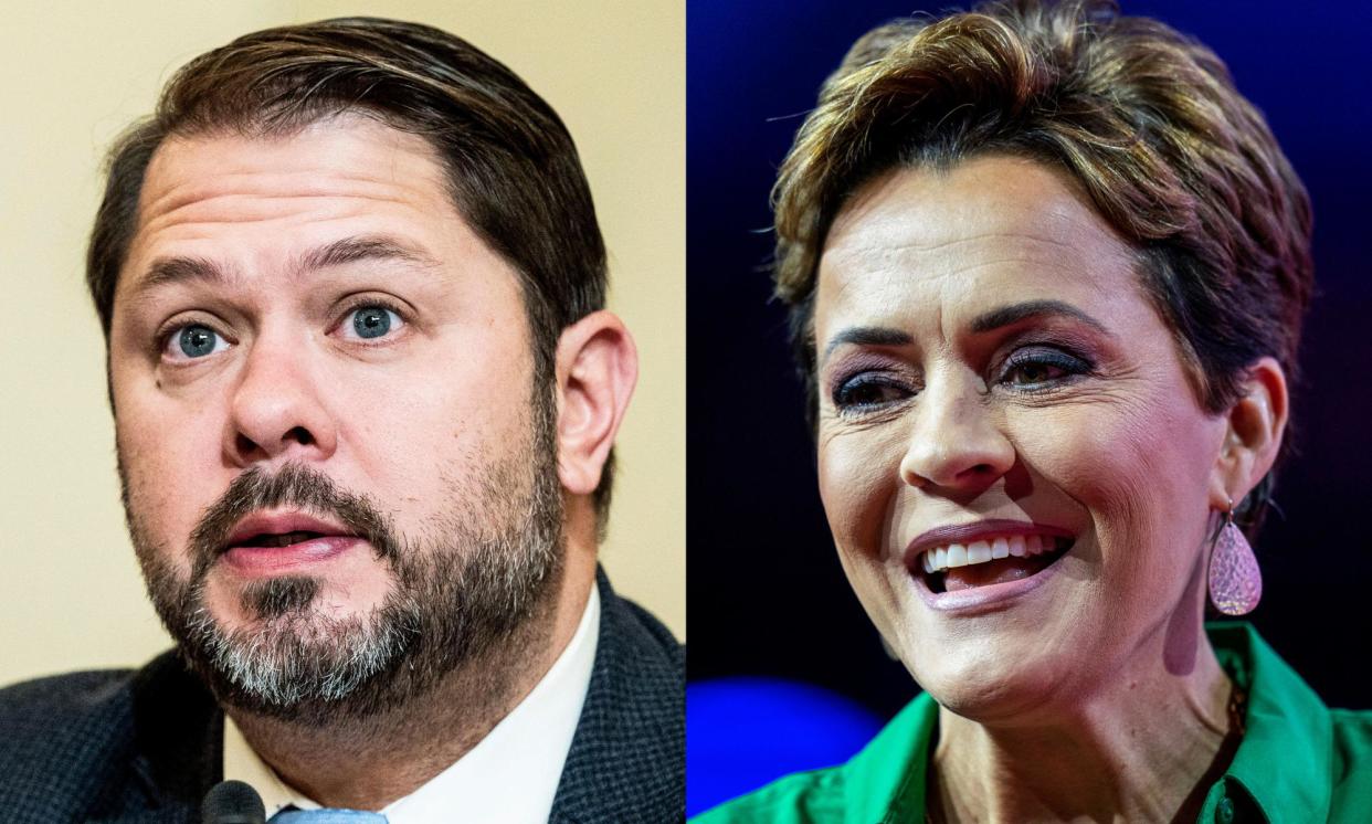 <span>The Democratic congressman Ruben Gallego and Trump acolyte Kari Lake will probably face off for the Senate seat that will be vacated by Kyrsten Sinema.</span><span>Composite: Sipa USA via Alamy, AP</span>