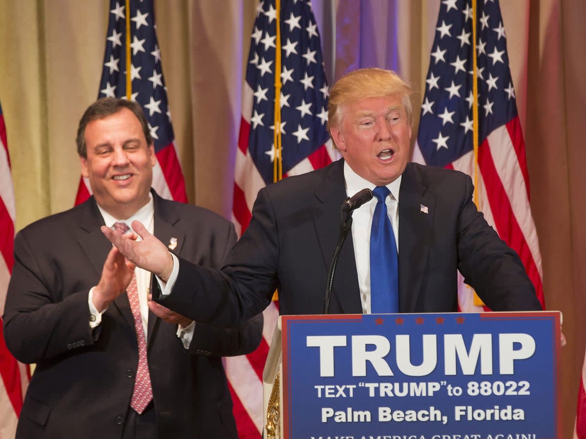 Donald Trump speaks, after being introduced by New Jersey Governor Chris Christie (L), at a Super Tuesday campaign event in Palm Beach, Florida (EPA)