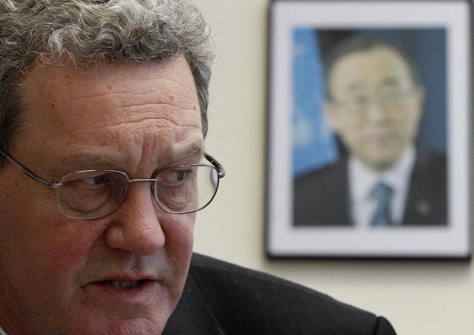 United Nations envoy Alexander Downer talks during an interview with The Associated Press at his office in the UN buffer zone in the divided capital of Nicosia, Cyprus, Tuesday, March 20, 2012. A United Nations envoy says long-running negotiations to reunify divided Cyprus will likely halt in July when the island's Greek Cypriot-led government takes over the EU's six-month rotating presidency. (AP Photo/Petros Karadjias)