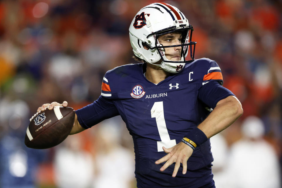 Auburn quarterback Payton Thorne throws a pass during the second half of an NCAA college football game against New Mexico State Saturday, Nov. 18, 2023, in Auburn, Ala. (AP Photo/Butch Dill)