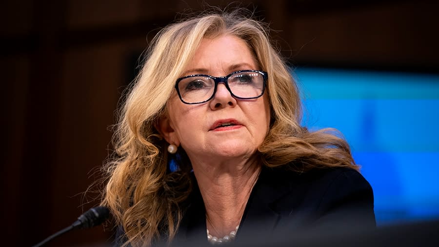 Sen. Marsha Blackburn (R-Tenn.) makes a statement during a Senate Judiciary Committee business meeting to move the nomination of Supreme Court nominee Ketanji Brown Jackson out of committee on Monday, April 4, 2022.
