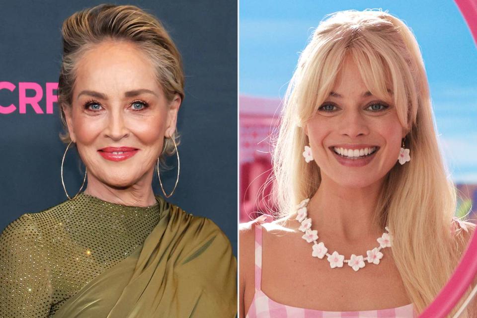 <p>Rodin Eckenroth/WireImage; Courtesy Warner Bros. Pictures</p> Sharon Stone in Beverly Hills, California, on March 16, 2023; Margot Robbie in <em>Barbie</em> (2023)