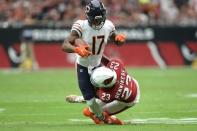 Sep 23, 2018; Glendale, AZ, USA; Arizona Cardinals defensive back Bene' Benwikere (23) tackles and injures Chicago Bears wide receiver Anthony Miller (17) during the first half at State Farm Stadium. Mandatory Credit: Joe Camporeale-USA TODAY Sports