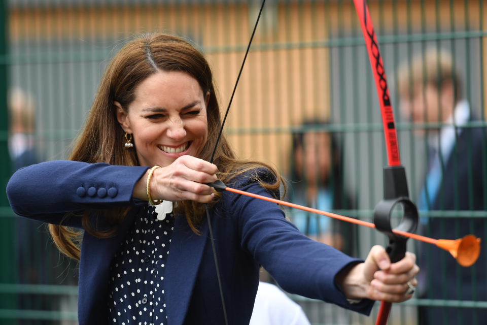 <p>The Duchess of Cambridge at a an archery session during a visit to The Way Youth Zone in Wolverhampton, West Midlands. Picture date: Thursday May 13, 2021.</p>
