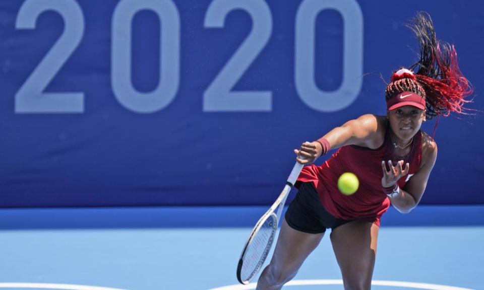 Naomi Osaka during her first-round match with China’s Zheng Saisai in the women’s singles tennis tournament at the Tokyo Olympics