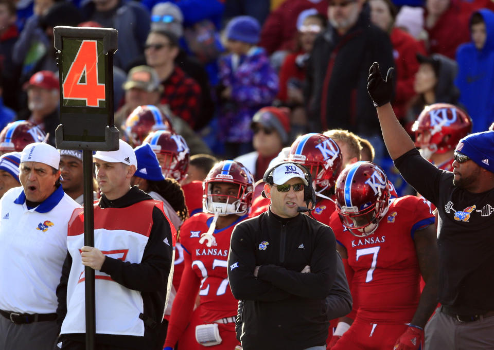 Kansas head coach David Beaty during the first half of an NCAA college football game against Oklahoma in Lawrence, Kan., Saturday, Nov. 18, 2017. (AP Photo/Orlin Wagner)