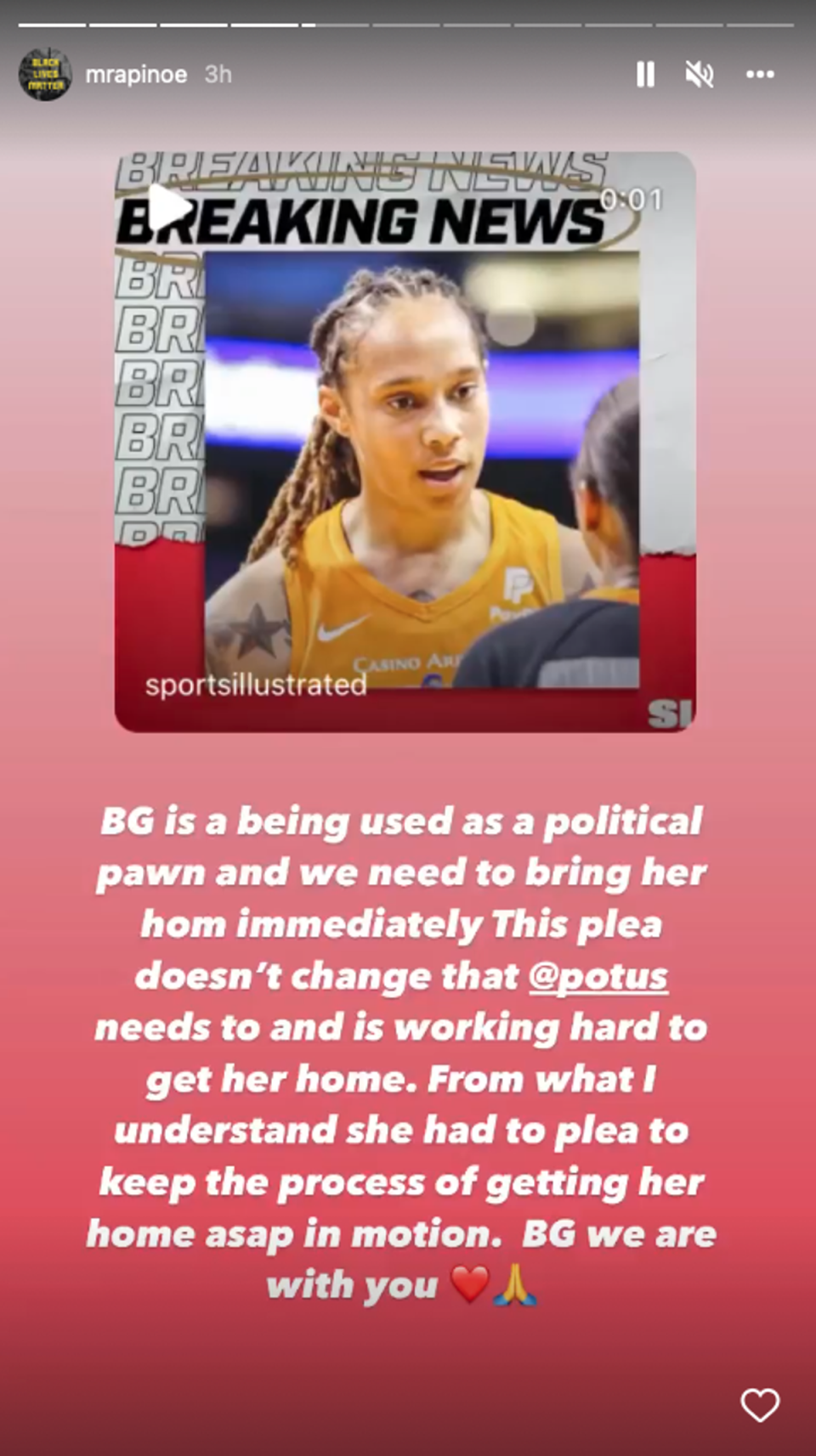 Megan Rapinoe afirma que Brittney Griner está siendo utilizada como “peón político” (Instagram)