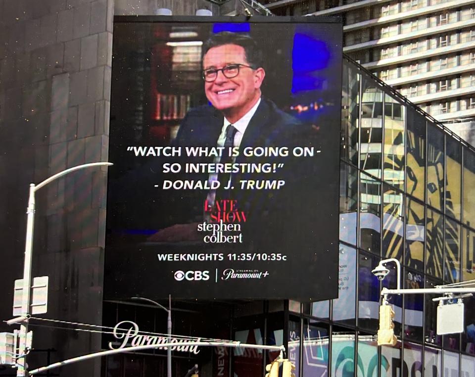 A Trump social media post gets goosed on The Late Show With Stephen Colbert. (CBS)