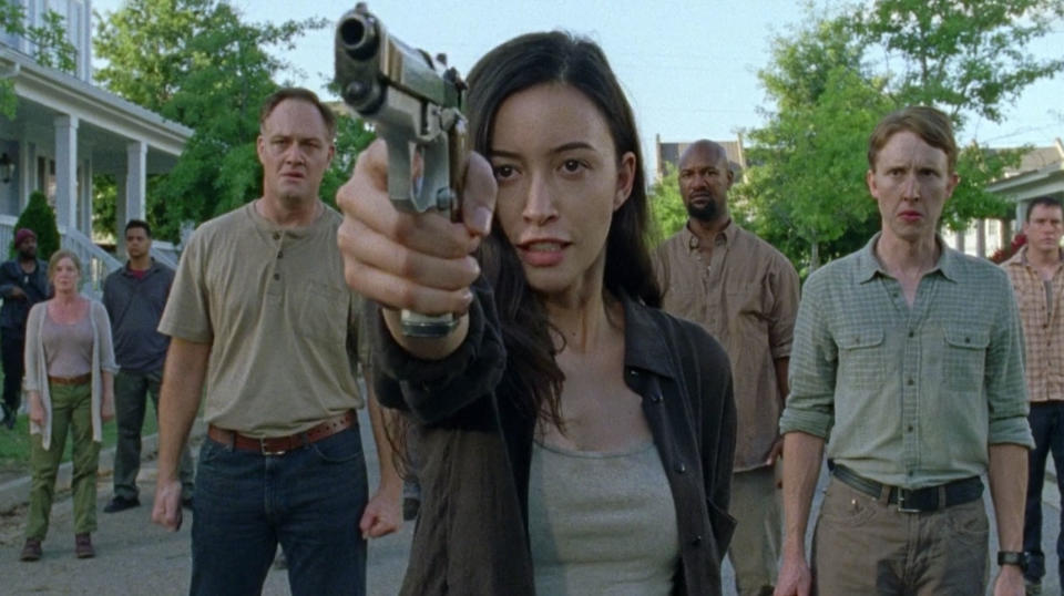 <p>Of course she was angry about Spencer’s brutal death, but Rosita’s emotional reaction messed with her usual good aim, and when she took a shot at Negan, she hit only Lucille. Negan not only ordered his minion, Arat, to kill an innocent person in retaliation for Rosita’s botched retaliation — RIP, Olivia — but took Eugene hostage after learning that the mulleted one had DIY-ed the bullet Rosita used to try to kill Negan.<br><br>(Photo: AMC) </p>