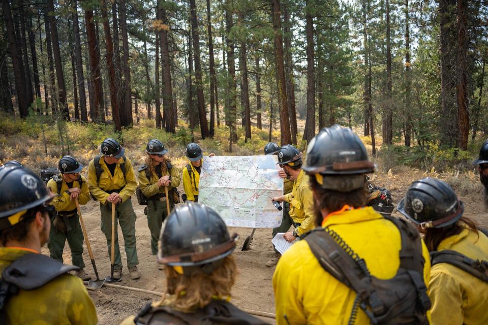 Firefighters are often working in rough forest terrain involving long hikes and steep slopes. Here, the Ruby Mountain Hotshot crew gets a briefing on the Dixie Fire in California in 2021. <a href="https://www.flickr.com/photos/nifc/51434899564" rel="nofollow noopener" target="_blank" data-ylk="slk:Joe Bradshaw/BLM;elm:context_link;itc:0;sec:content-canvas" class="link ">Joe Bradshaw/BLM</a>