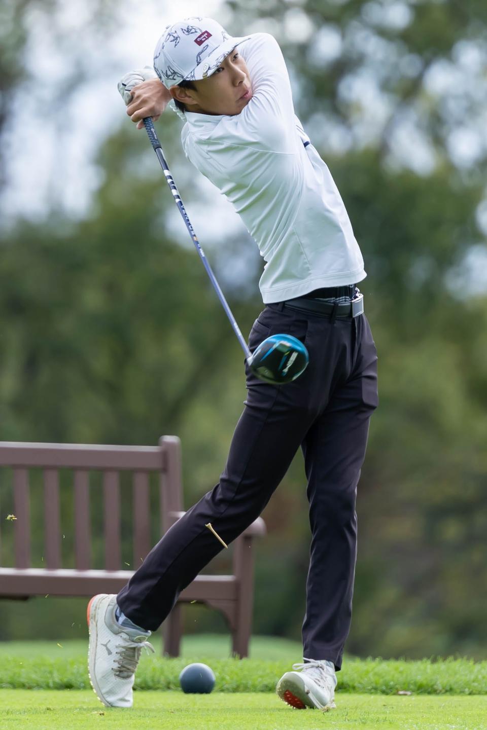 Quaker Valley senior Ethan Dai hits his driver off the No. 1 tee box during the WPIAL Class AA Boys Individual Championship at Sewickley Heights Golf Club on Wednesday.