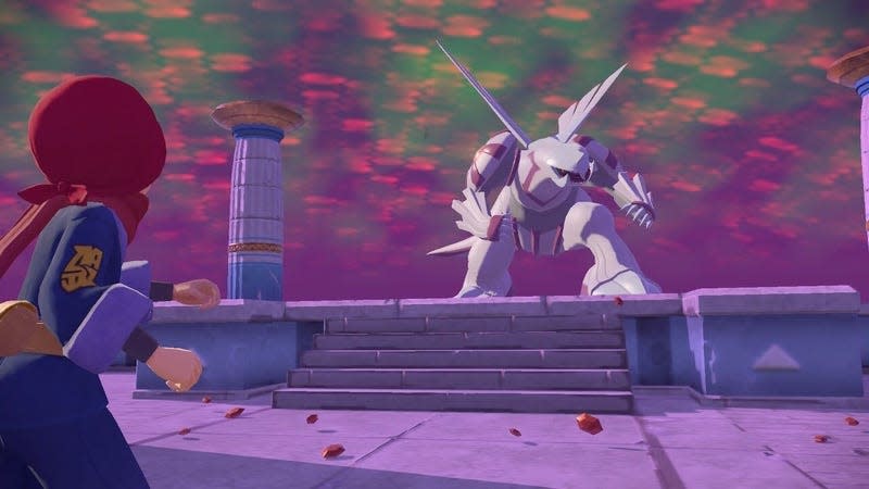 A trainer is seen facing Palkia at Spear Pillar with pieces of the Red Chain scattered on the ground.