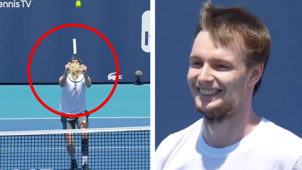 Tennis star Alexander Bublik (pictured right) smiling after a handle shot (pictured left) in his Miami Open match.