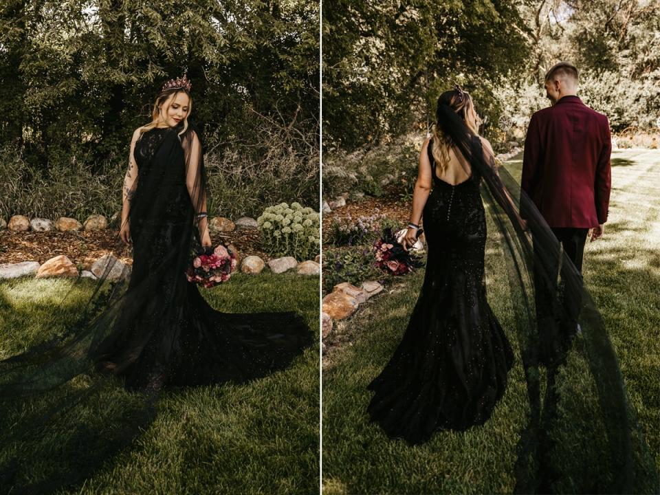 A front and back photo of a bride wearing a black wedding dress with a high neckline and low back.