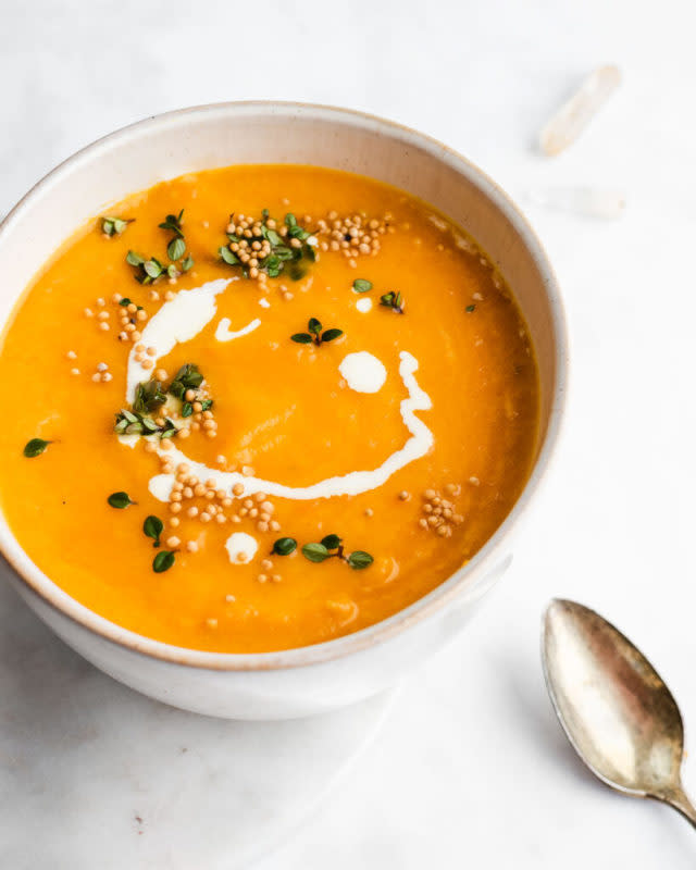 <p>Nourished Kitchen</p><p>This springtime Carrot Leek Soup is a cinch to make. Carrots, leeks, and fresh thyme come together with plenty of broth for an easy, delicious lunch or light dinner.</p><p><strong>Get the recipe: <a href="https://nourishedkitchen.com/carrot-leek-soup/" rel="nofollow noopener" target="_blank" data-ylk="slk:Carrot Leek Soup;elm:context_link;itc:0;sec:content-canvas" class="link rapid-noclick-resp">Carrot Leek Soup</a></strong></p>