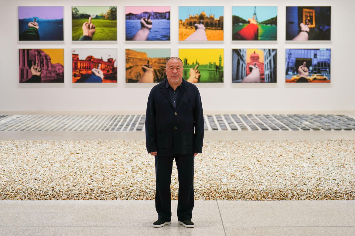 London, UK. 26 February 2020. Visitors view Ai Wei Wei's Odyssey in  Quilting, 2019 (Starting price GBP70,000). Preview of Human Touch, an  exhibition of one-of-a-kind artworks by international contemporary artists  in collaborations