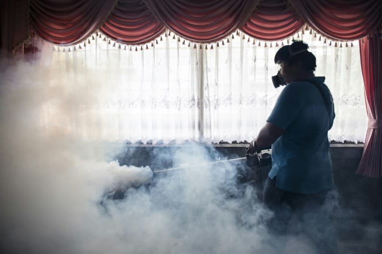 A city worker sprays chemicals with a fumigator to kill mosquitoes in an effort to control the spread of the Zika virus at a school in Bangkok in September 2016