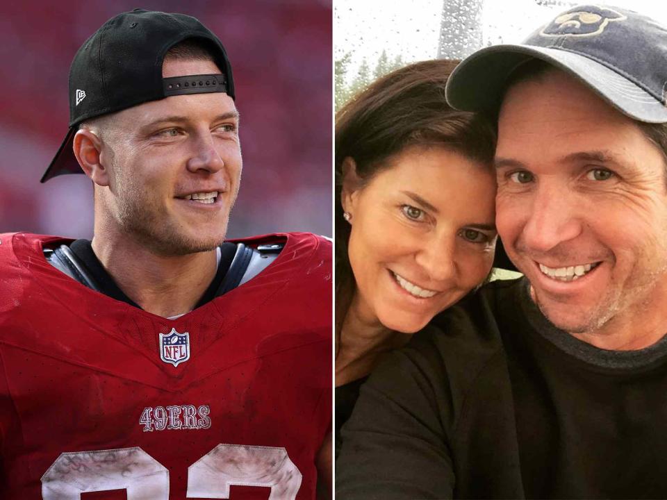 <p>Michael Owens/Getty ; Lisa McCaffrey Instagram</p> Christian McCaffrey #23 of the San Francisco 49ers during a game against the Arizona Cardinals in October 2023 in Santa Clara, California. ; Lisa and Ed McCaffrey pose for a selfie together.