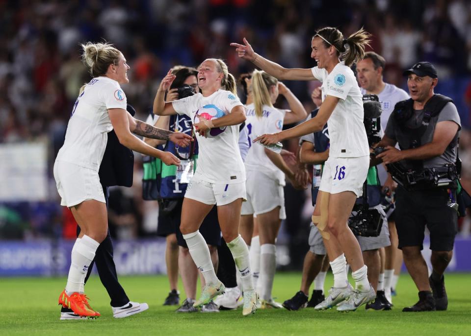 Beth Mead of England picks up the match ball after their hat trick d (The FA via Getty Images)