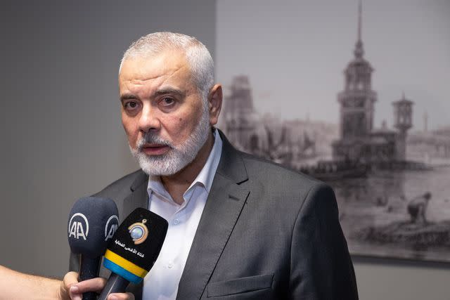 <p>Cem Tekkesinoglu/Anadolu Agency via Getty</p> Ismail Haniyeh, chairman of the Hamas Political Bureau