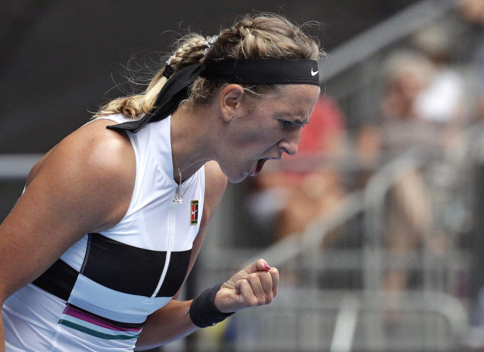 Victoria Azarenka of Belarus reacts after winning a point during her first round match against Germany's Laura Siegemund at the Australian Open tennis championships in Melbourne, Australia, Tuesday, Jan. 15, 2019. (AP Photo/Aaron Favila)