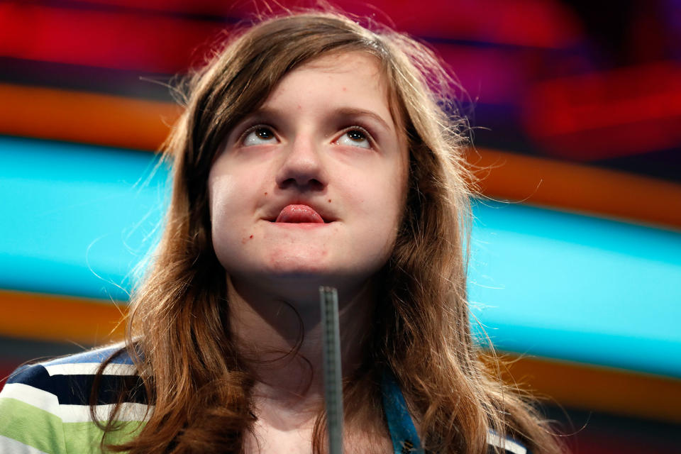 <p>Maggie Sheridan, 13, from Mansfield, Ohio, ponders her word during the 90th Scripps National Spelling Bee, Thursday, June 1, 2017, in Oxon Hill, Md. (AP Photo/Alex Brandon) </p>