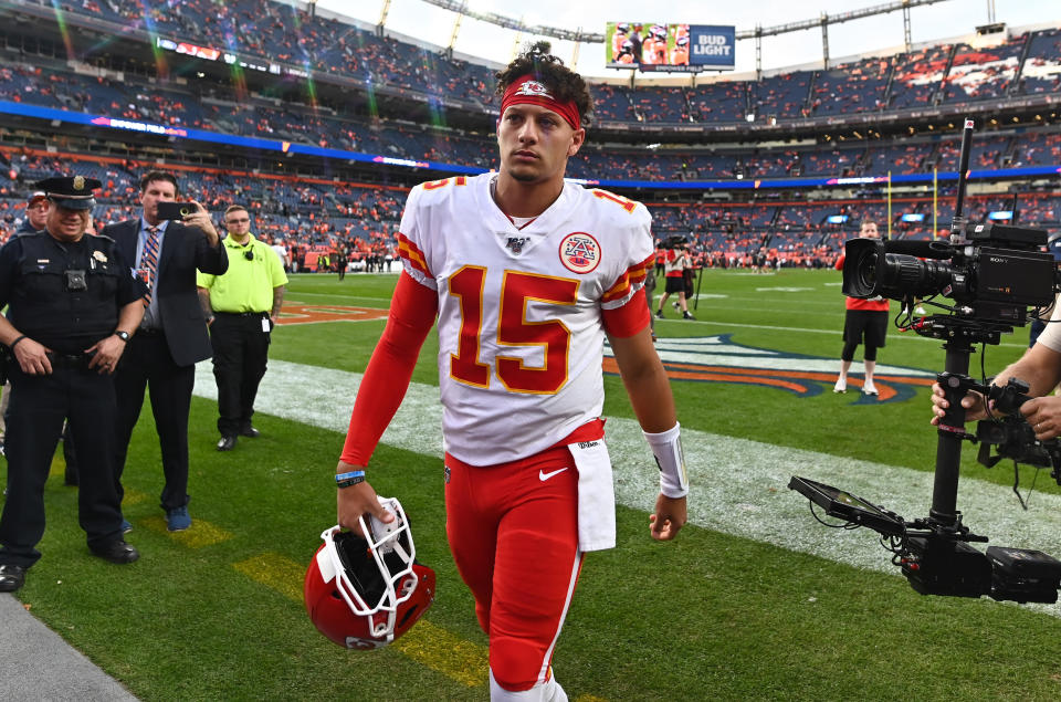 Oct 17, 2019; Denver, CO, USA; Kansas City Chiefs quarterback Patrick Mahomes (15) before the game against the Denver Broncos at Empower Field at Mile High. Mandatory Credit: Ron Chenoy-USA TODAY Sports