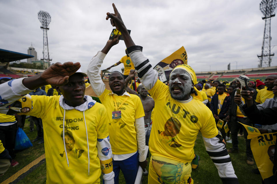 Supporters of Kenyan presidential candidate William Ruto celebrate at his final electoral campaign rally at Nyayo stadium in Nairobi, Kenya Saturday, Aug. 6, 2022. Kenya is due to hold its general election on Tuesday, Aug. 9 as the East Africa's economic hub chooses a successor to President Uhuru Kenyatta. (AP Photo/Ben Curtis)