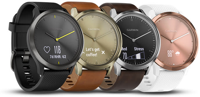 The Garmin is available in colors like black, gold, rose gold, and black/silver.