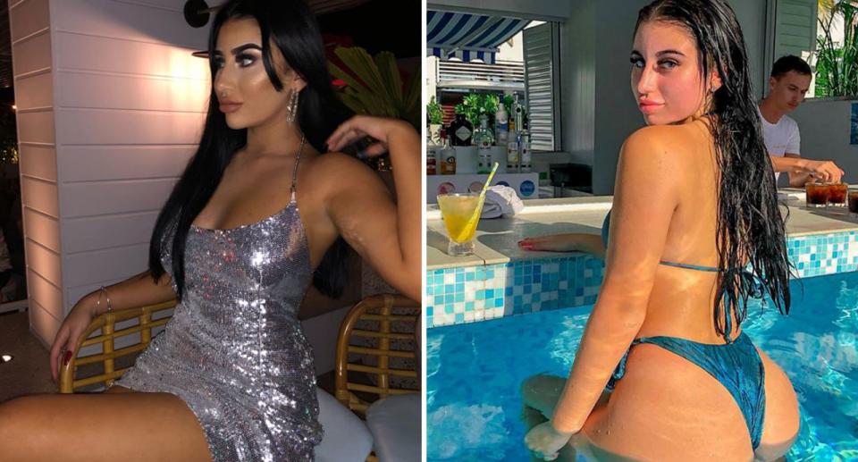 Instagram influencer Mikaela Testa poses in skimpy silver dress and in blue bikini in two separate images.