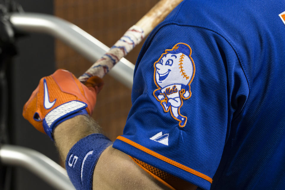 NEW YORK, NY - MAY 14:  A detail shot of the Mr. Met logo on the jersey of David Wright #5 of the New York Mets during the game against the New York Yankees at Citi Field on Wednesday, May 14, 2014 in the Queens borough of New York City. (Photo by Anthony Causi/MLB via Getty Images) 