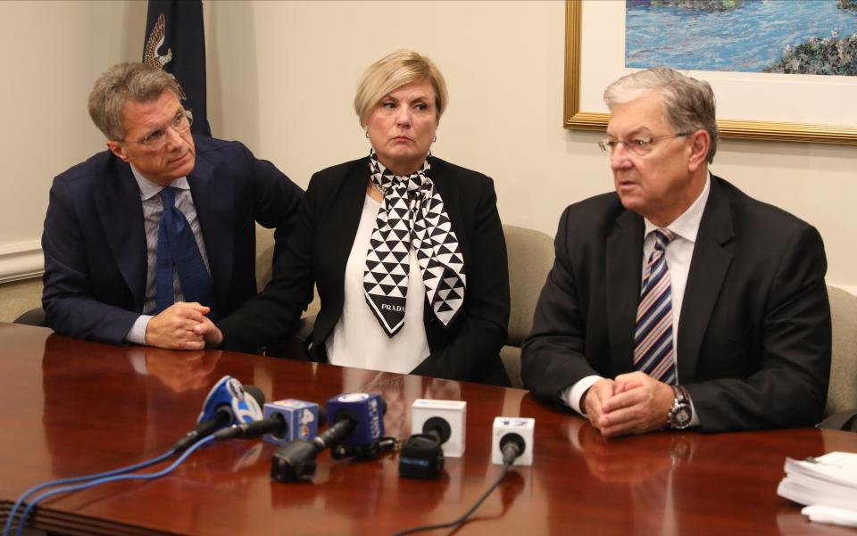 George Bochetto, right, an attorney with Bochetto & Lentz, sits with Mauro and Elisabetta Mandia of Battipaglia, Italy, during a press conference Nov. 1, 2022, announcing a lawsuit against EF Academy in Thornwood. The Mandias' son, Claudio, 17, died by suicide at EF Academy in Thornwood in February 2022 after being placed in what the family's lawsuit alleges was solitary confinement for four days after he was expelled for cheating.